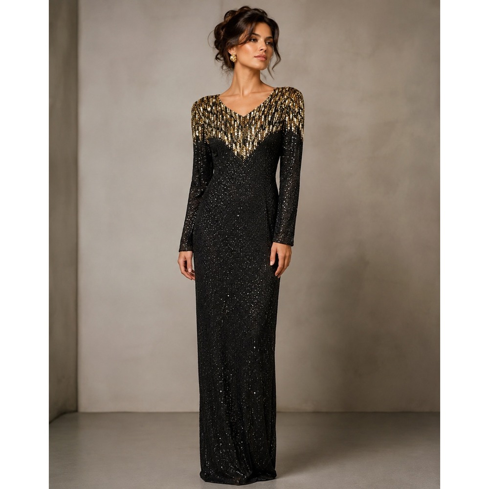Vintage Stenay Black Gold Silk Beaded Sequin Gown Womens Formal Maxi‎